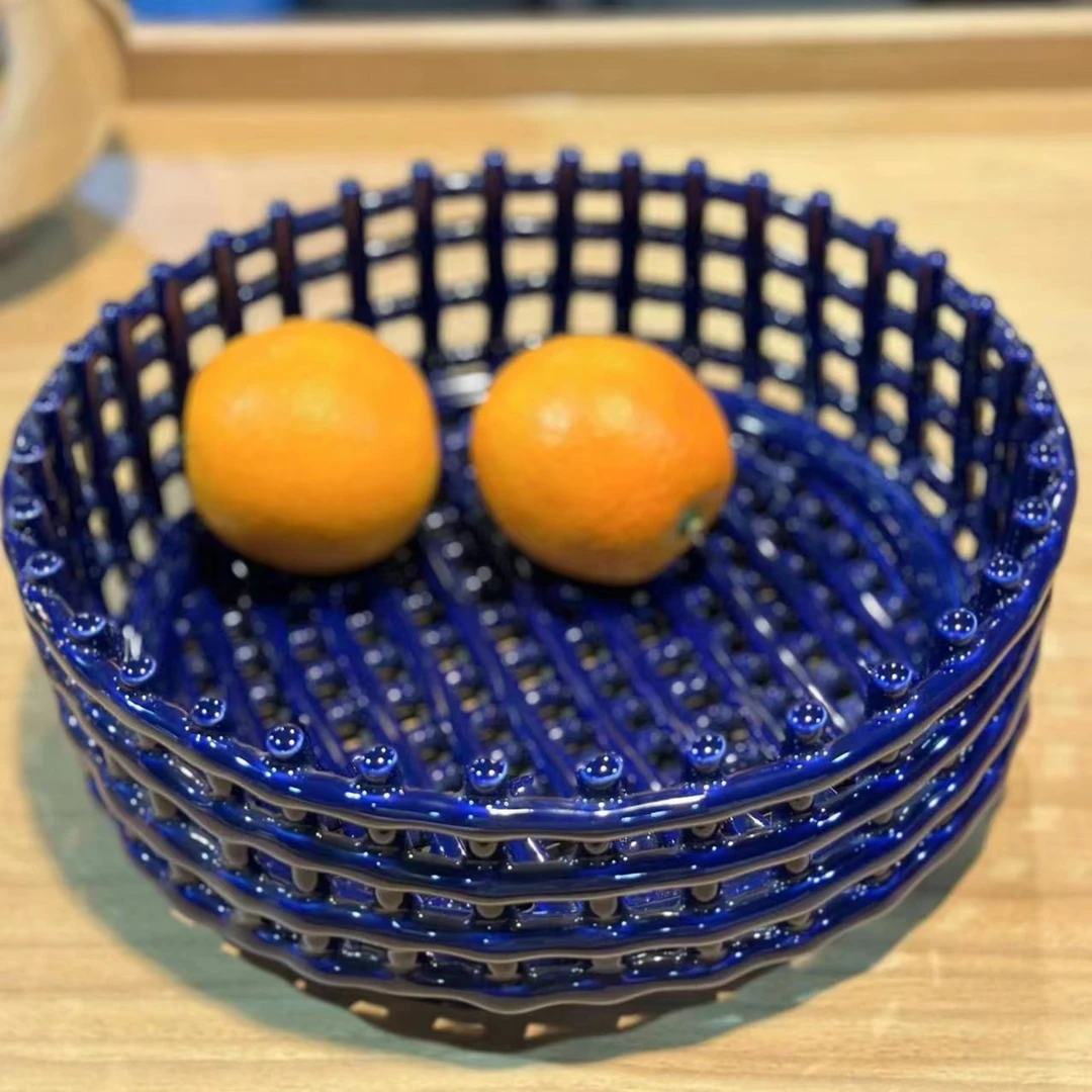 圆形手工陶瓷编织28cm水果篮【宝石蓝】