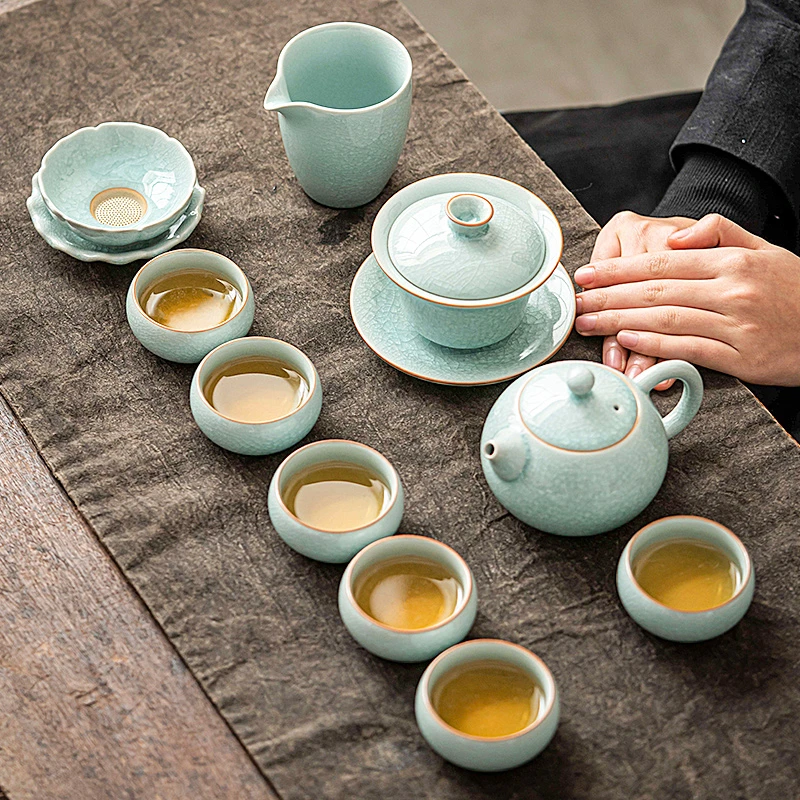 茶具套装冰花汝窑家用办公轻奢茶道功夫陶瓷中式泡茶壶茶杯礼盒装