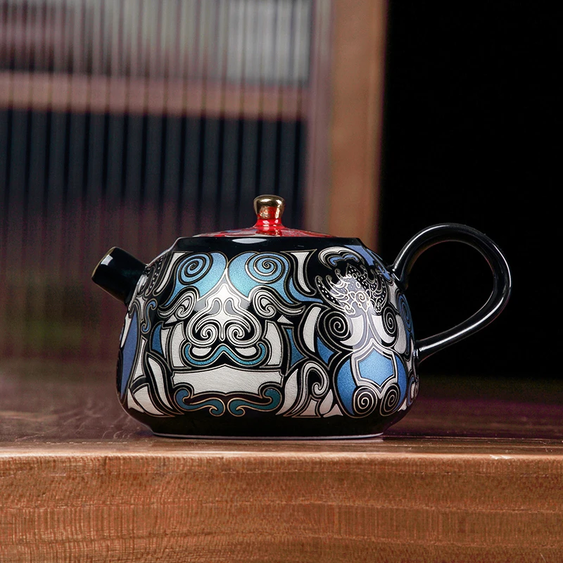 陶瓷茶壶金银错饕餮纹创意泡茶壶小号男女中式球孔出水功夫茶具