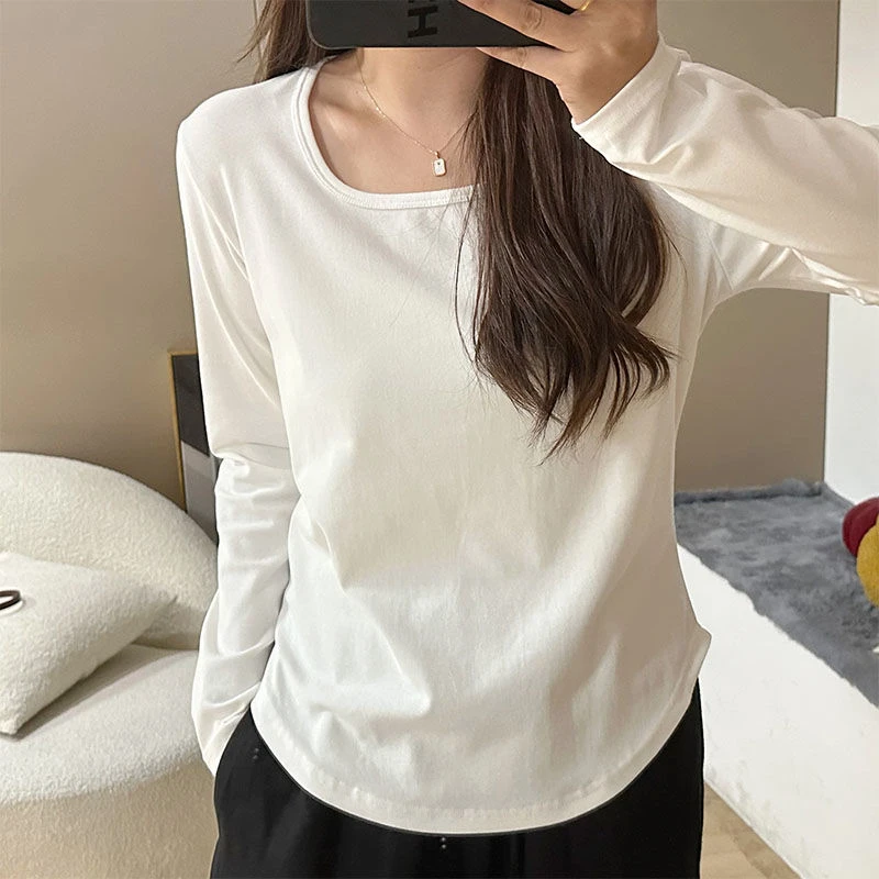 大码胖mm300斤韩版方领正肩长袖t恤女春秋修身显瘦别致打底上衣潮