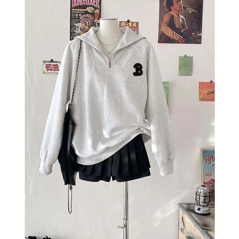 大码胖mm200斤慵懒风小众半拉链立领宽松加绒卫衣女秋冬季ins外套