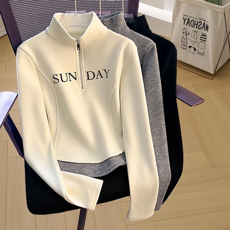 大码胖mm200斤气质慵懒风半拉链立领假两件长袖t恤女加厚遮肉卫衣