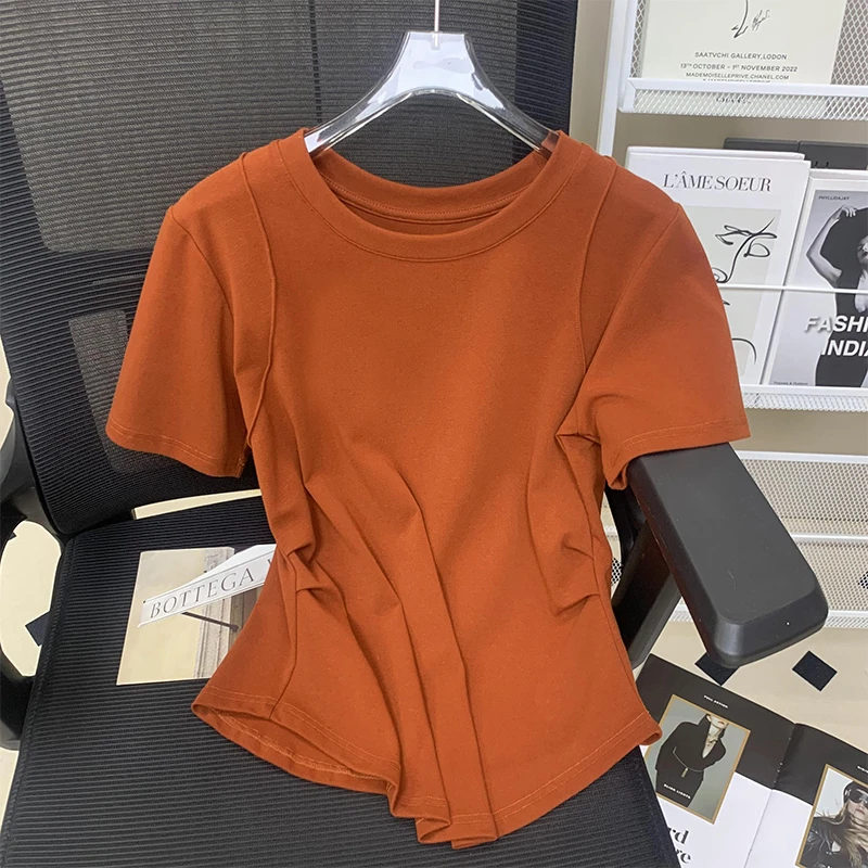 大码胖mm200斤纯色独特圆领辣妹短袖t恤女夏季百搭小众纯欲风上衣