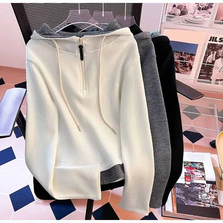 大码胖m200斤加厚双面绒半拉链连帽假两件卫衣女秋冬遮肉休闲上衣