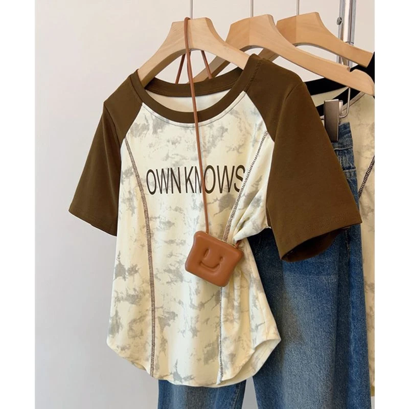 大码胖mm200斤韩版扎染字母印花撞色短袖t恤女夏2025新款百搭上衣