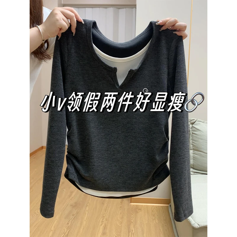 大码胖m200斤高级感正肩v领收腰遮肉长袖t恤女秋季修身显瘦假两件