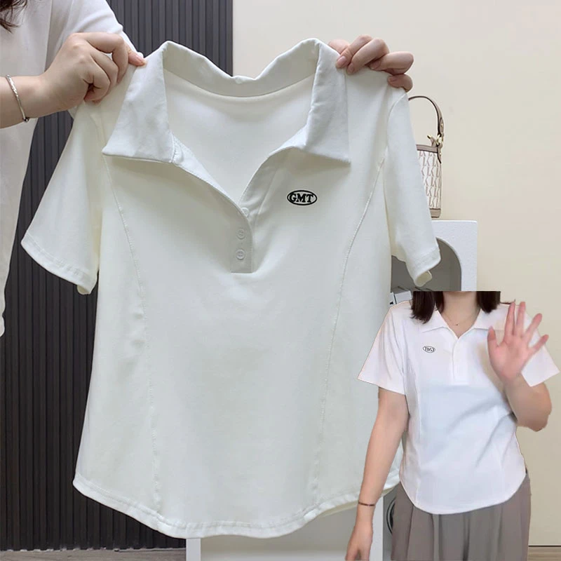 大码胖mm200斤个性原创微胖遮肉显瘦正肩polo衫女夏季宽松ins上衣