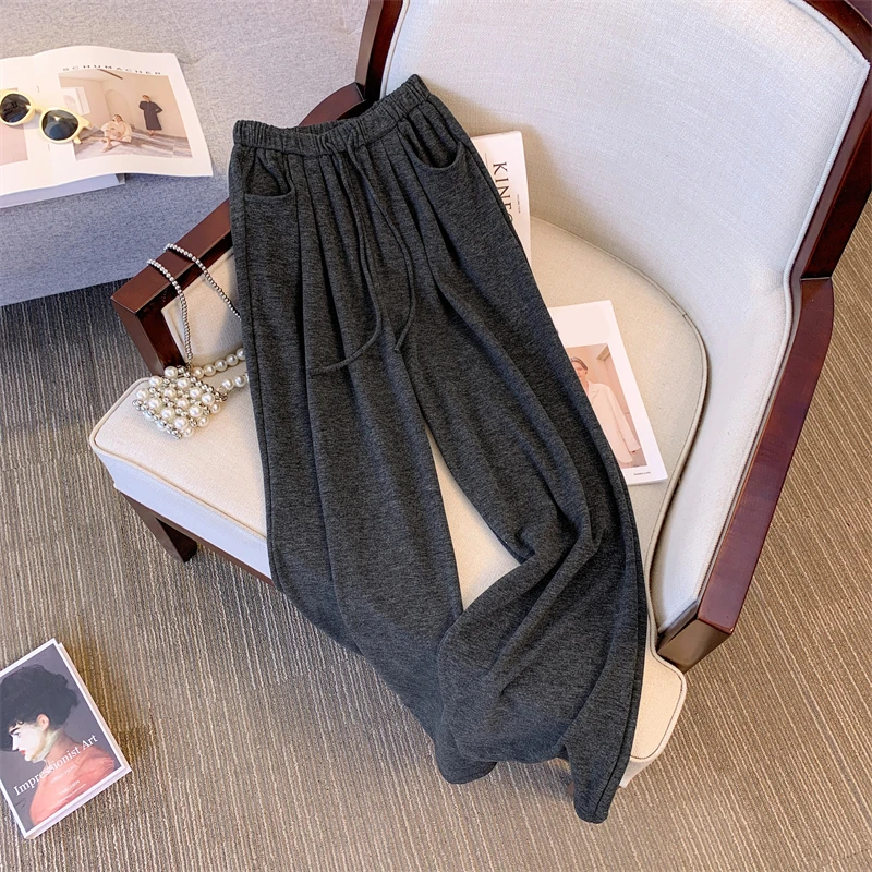 软糯纯色小众简约新款休闲直筒阔腿裤女松紧高腰百搭垂感糯米裤秋