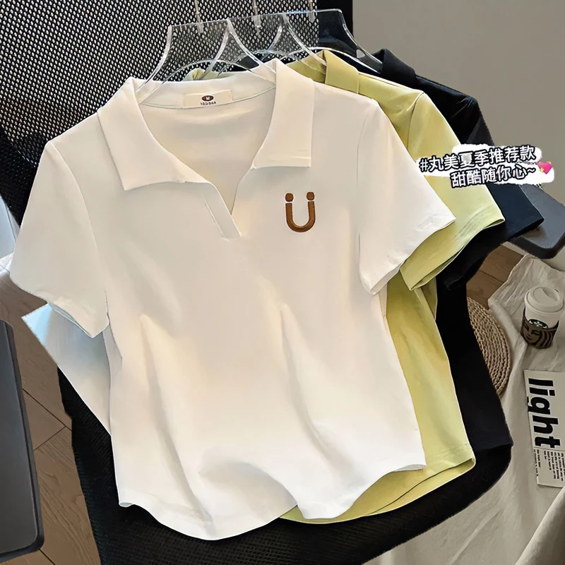 大码胖mm200斤复古原创笑脸刺绣正肩短袖t恤女夏V领宽松polo衫ins