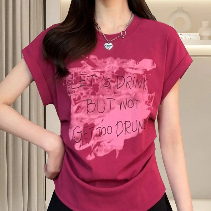 大码胖mm200斤欧美辣妹气质圆领短袖t恤女夏季新款遮肉飞袖上衣潮