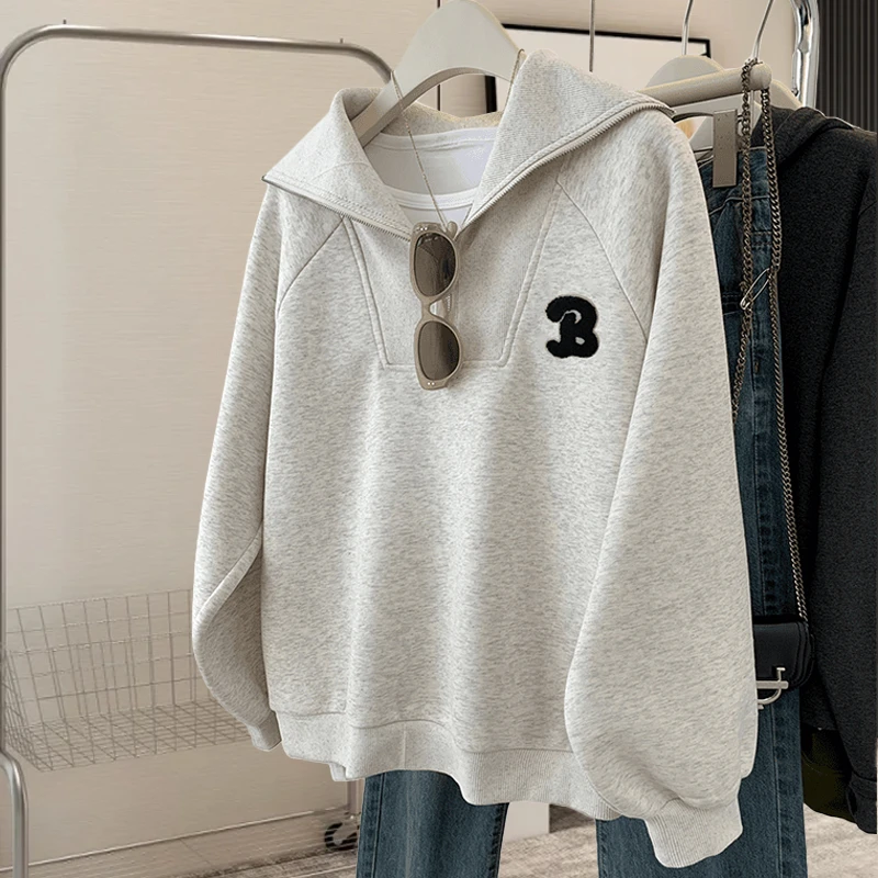 大码胖mm245斤简约韩版半拉链翻领加绒遮肉卫衣女秋冬季新款上衣