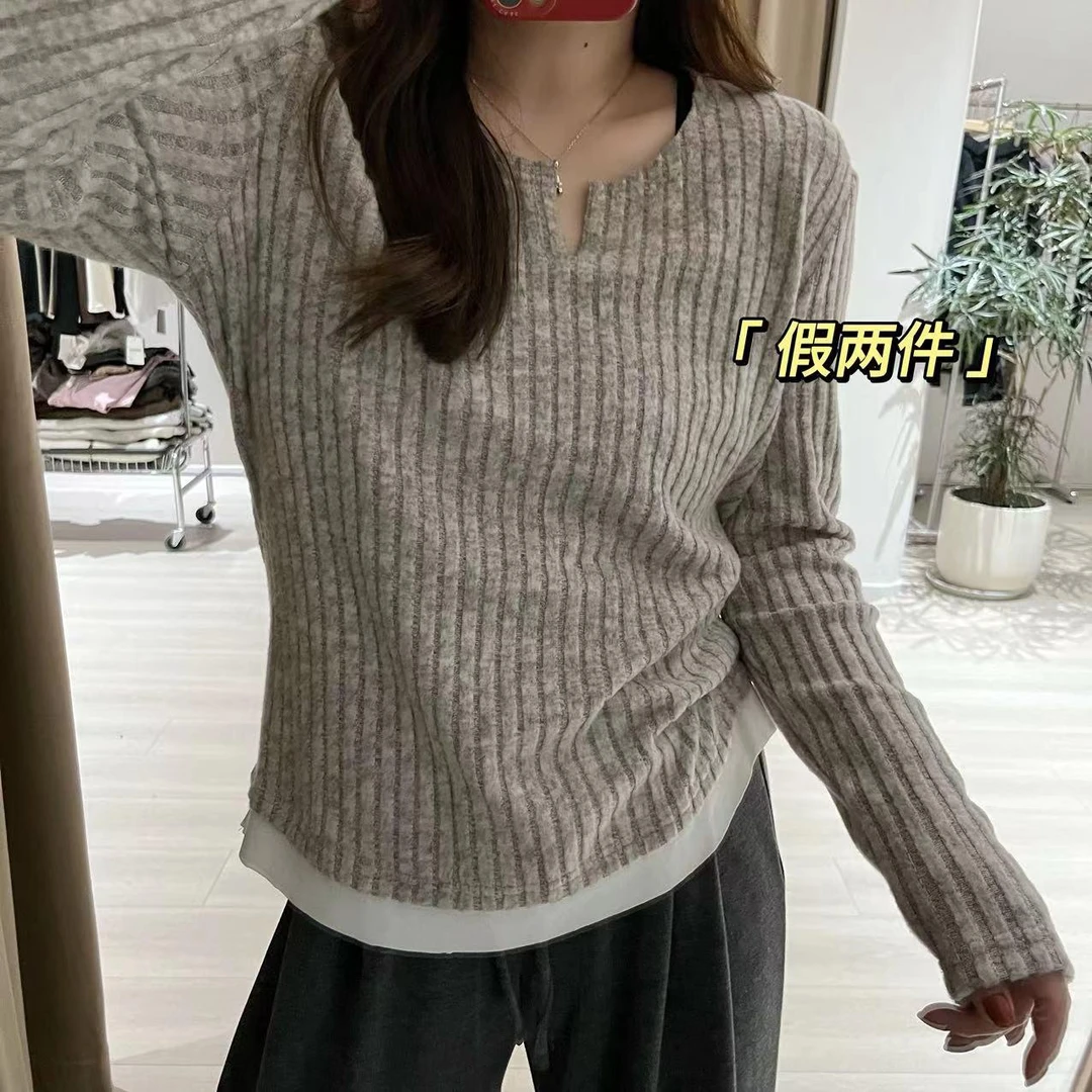 大码胖m200斤韩系气质拼接小V领假两件上衣春秋百搭正肩长袖t恤女