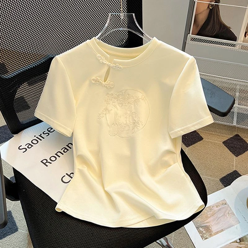 大码胖mm200斤国风盘扣领设计正肩收腰短袖t恤女减龄气质上衣夏季