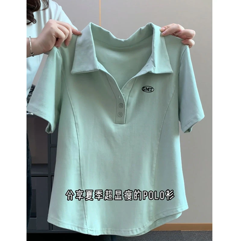 大码胖mm200斤复古简约鱼骨线弧形下摆遮肉短袖t恤女夏季polo衫潮