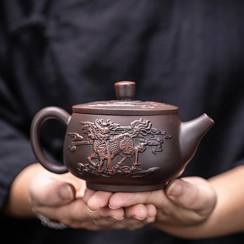 复古紫陶麒麟汉瓦凤鸣壶家用单个大容量泡茶壶功夫茶具半手工茶壶