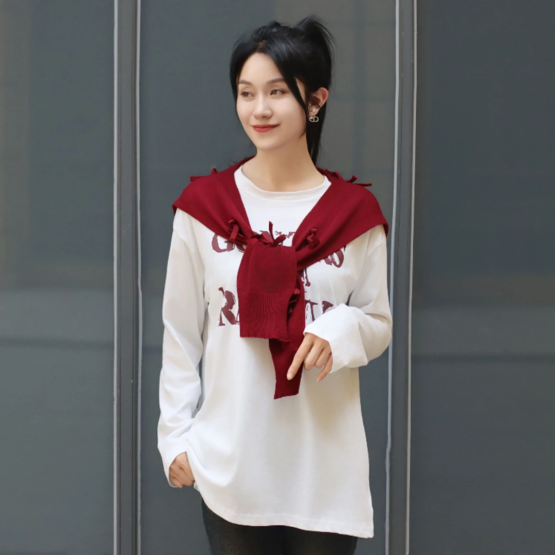 初晓2024年秋季新款女士小衫T恤披肩休闲上衣 白色蓝色 27812