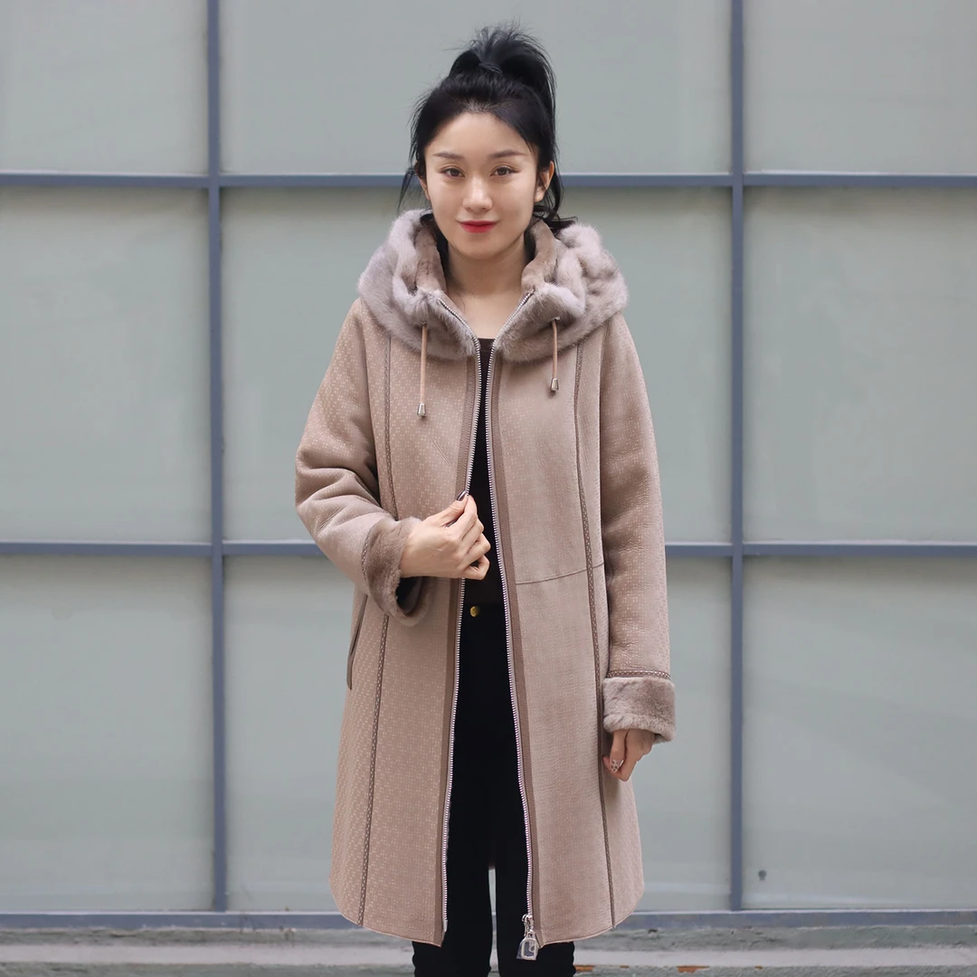 初晓2024年冬季新款女士皮毛一体千鸟格外套 棕千鸟米千鸟 7207-1