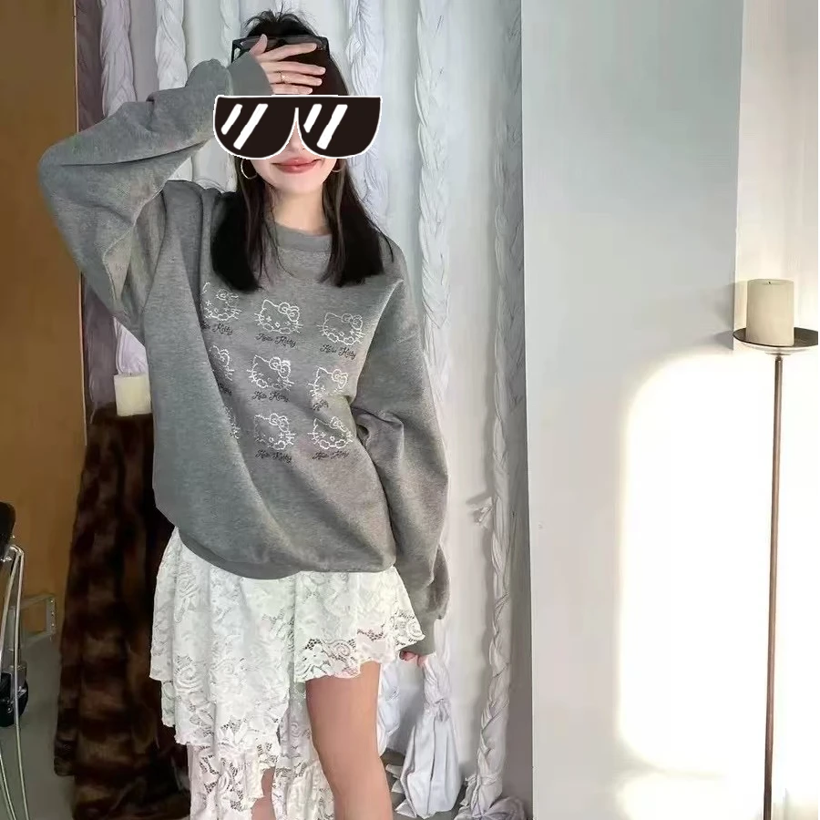 烫钻KT卫衣圆领T恤潮宽松百搭减龄上衣中长款女