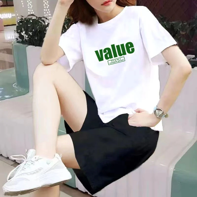 女新款百分百纯棉运动装时尚百搭T恤套装学生休闲显瘦套装网红款