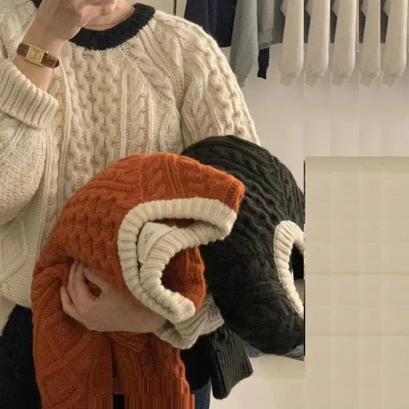 拼色领口~圆领麻花国贸订单厚款纯羊毛