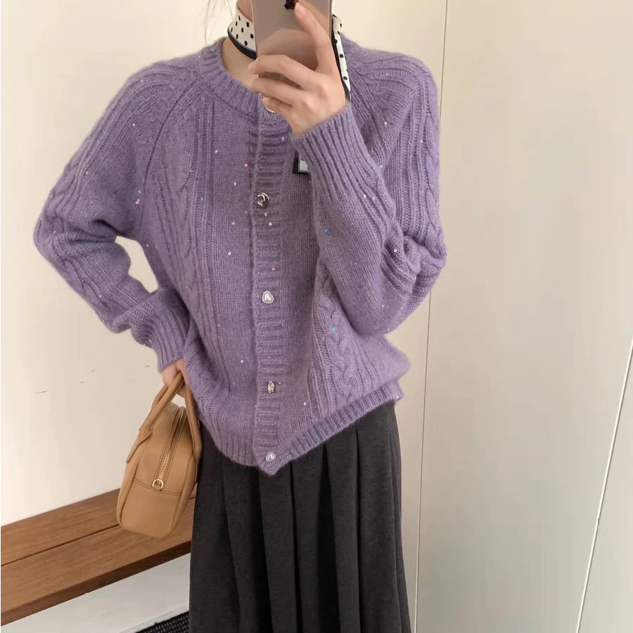 慵懒风~重工亮片麻花针织开衫