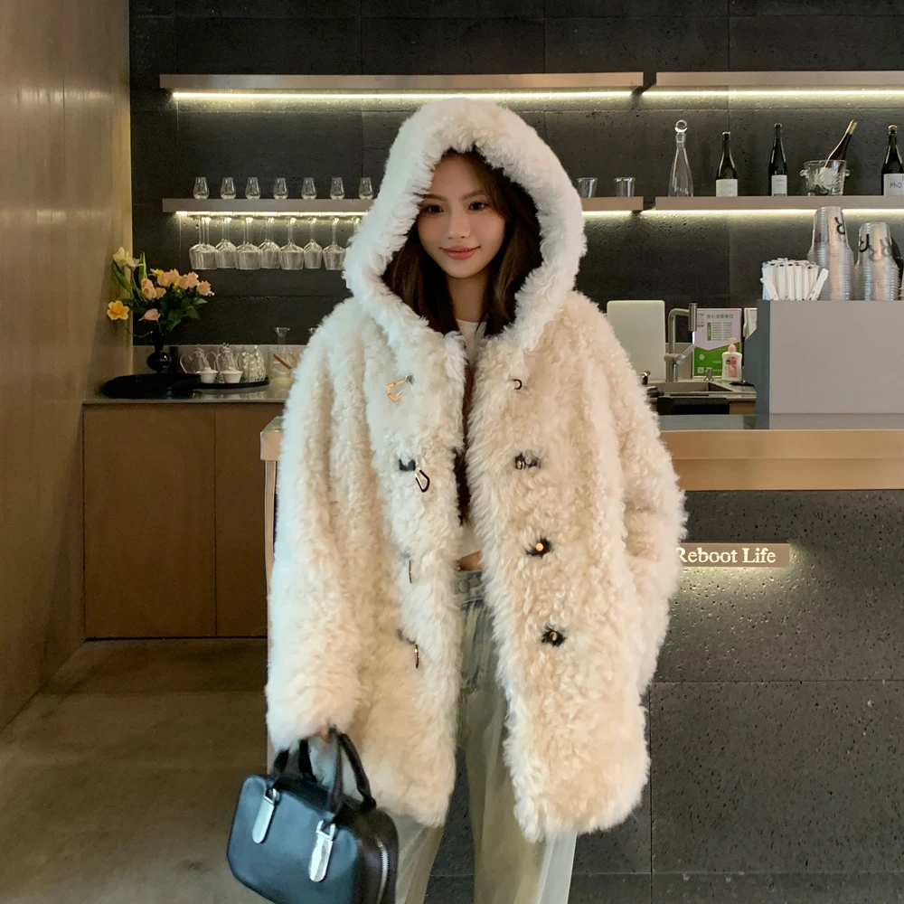 进口托斯卡纳皮毛一体皮草外套女中长款羊皮羊毛连帽大衣冬3121-1