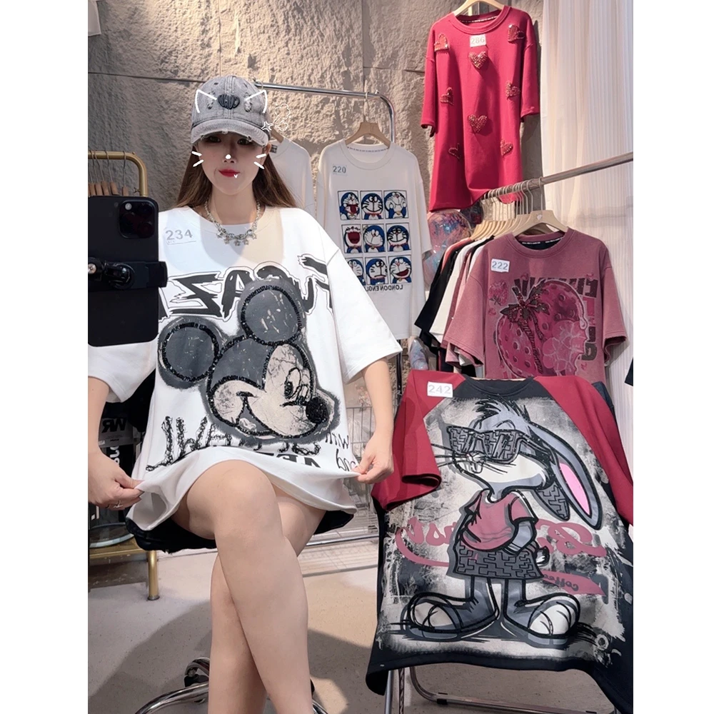 【编号500-650】重工秋冬宽松时尚网红印花镶钻亮片短袖T恤女设计师