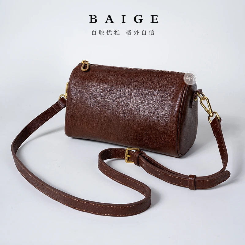 头层牛皮2024新款简约优雅红色单肩包时尚真皮枕头包3667-2咖啡色