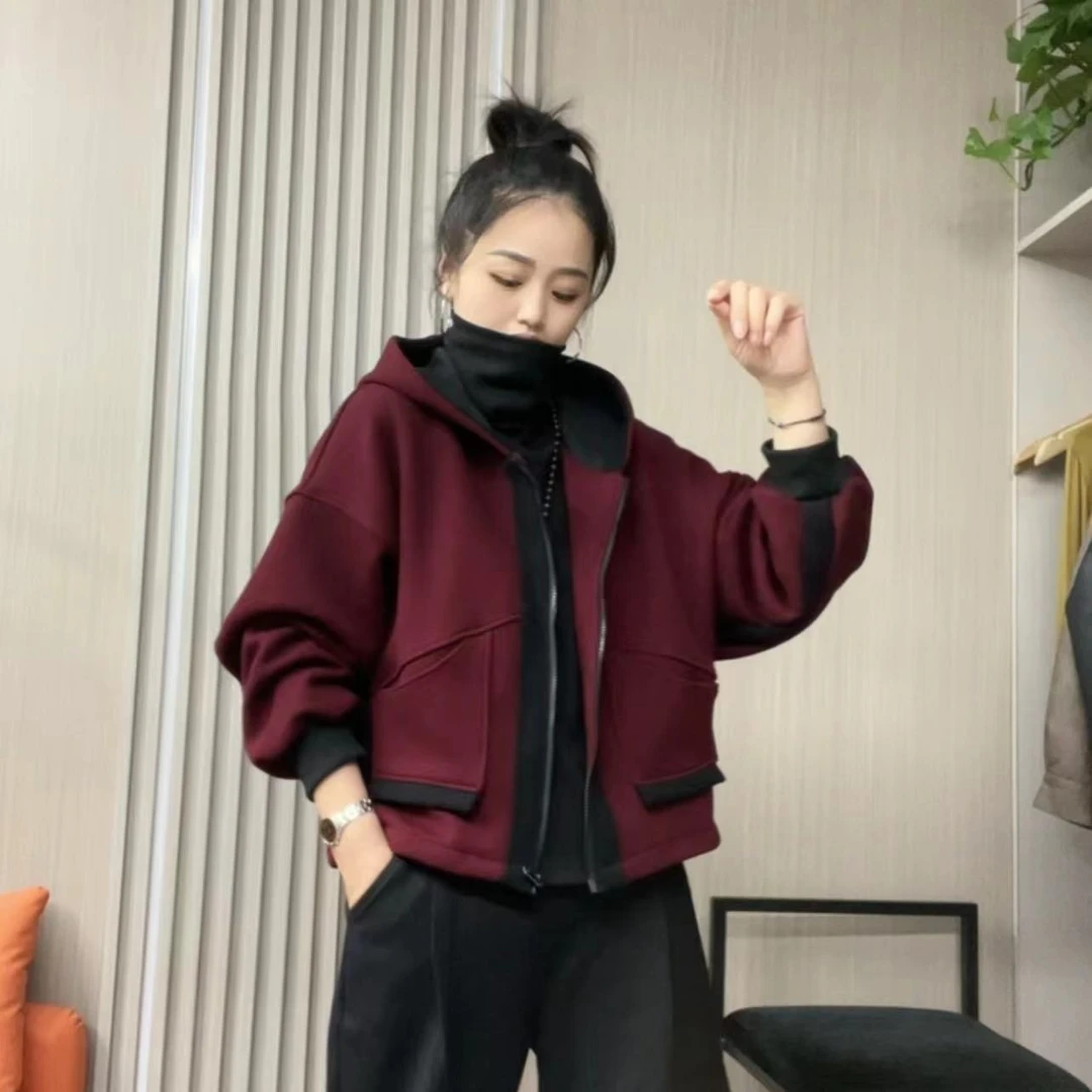 喜沐秋季新款拼接设计时尚女士连帽外套休闲百搭宽松洋气韩版2296