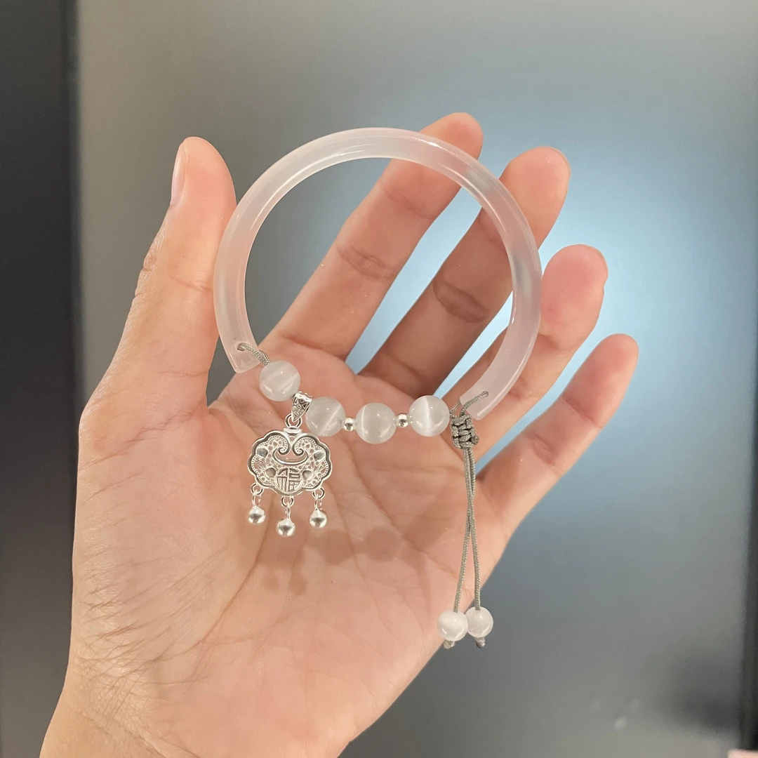 足银手镯 足银平安锁手链女款半镯半链纯银手镯古风国风送女友