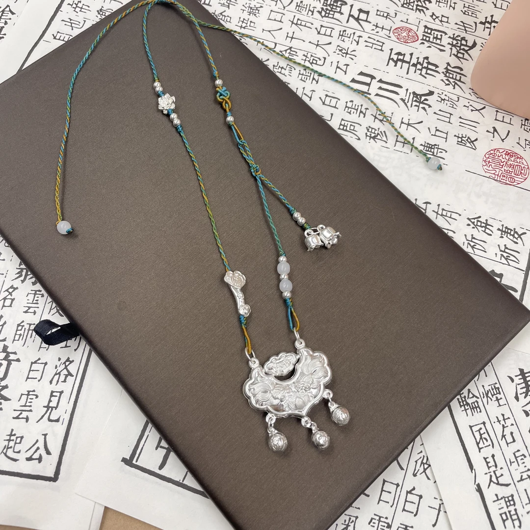 吊坠足银 999锦鲤锁吊坠手工DIY民族风编织纯银项链中国风银制品