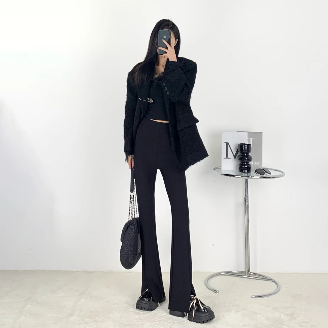 开叉西装裤女2024春夏时尚高腰显瘦显高休闲微喇叭裤垂感拖地长裤
