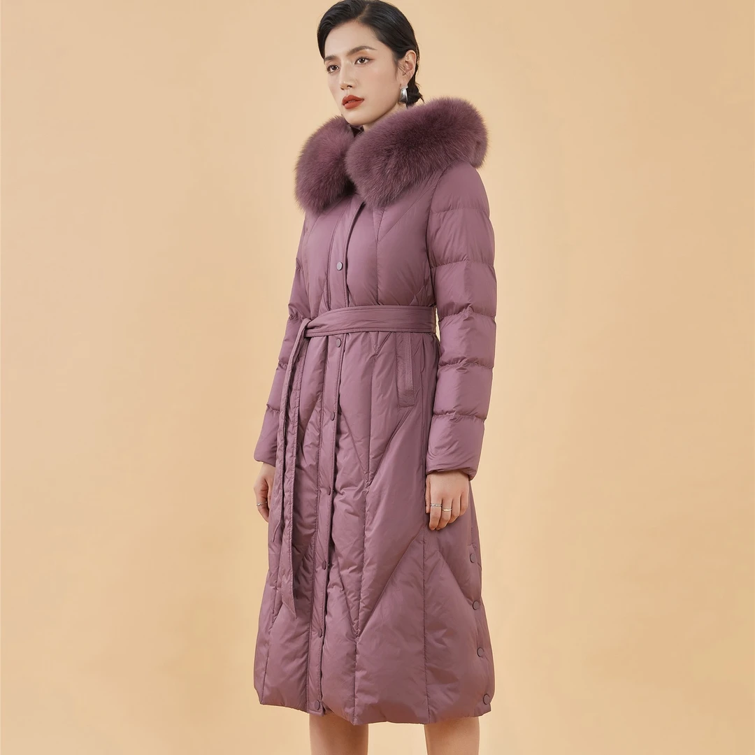 F28040长款连帽休闲羽绒服女冬季时尚加厚保暖防风户外大毛领