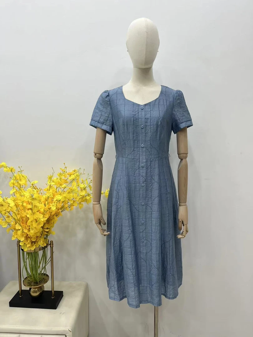 F22629夏季2023新款方领收腰时尚气质显瘦休闲通勤中长款连衣裙