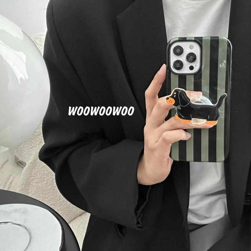 小众ins复古条纹手机壳可爱腊肠狗支架适用苹果13iphone创意简约
