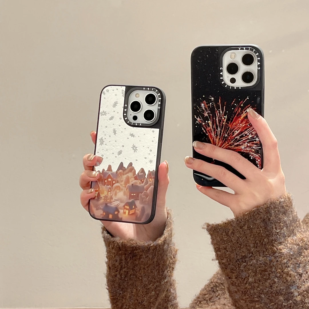 新款小众IPHONE14手机外壳镜面烟花下雪小镇苹果15PROMAX壳高端13