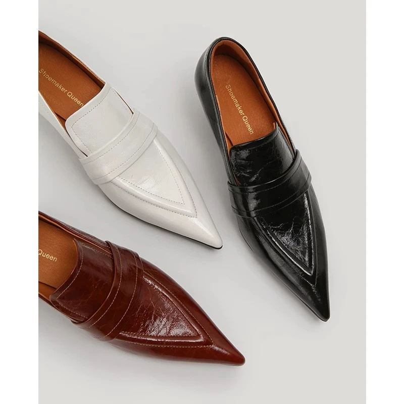 【Shoemaker Queen】气质尖头粗跟真皮乐福鞋小皮鞋复古单鞋