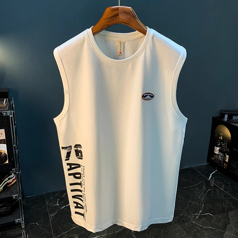 夏天纯棉背心T恤男生宽松印花篮球运动汗衫休闲圆领重磅无袖上衣