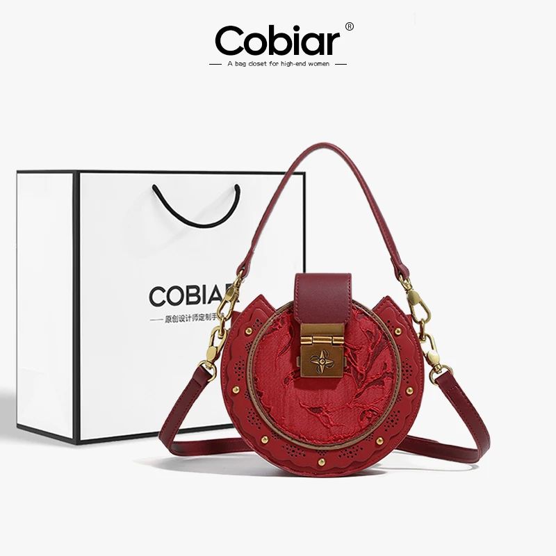 Cobiar小众复古红色新娘包包女士2025新款高级感手拎圆饼包斜挎包
