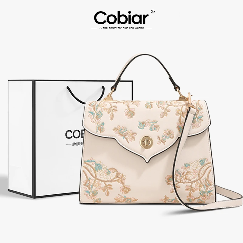 Cobiar新中式国风刺绣真皮包包女2025新款气质手提包高档斜挎包包