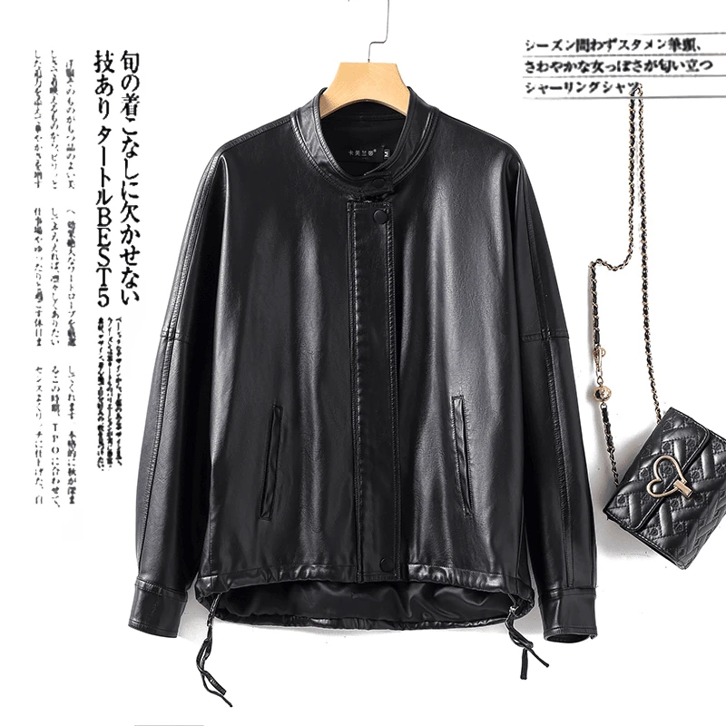 2025海宁皮衣女外套韩版宽松春秋短款皮夹克外套时尚百搭H-1602#