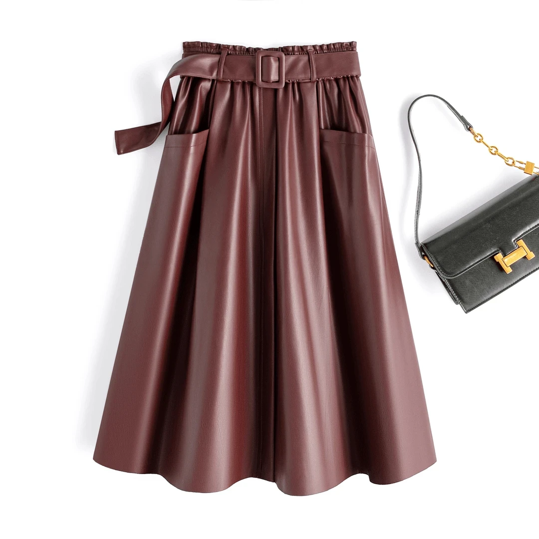 春秋新款海宁皮裙女中长款高腰松紧腰绵羊皮时尚半身裙FHG-2369#