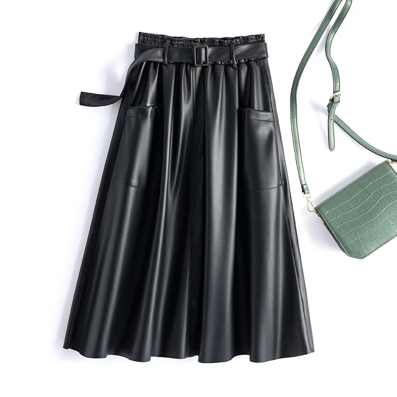 2025春秋新款海宁皮裙女中长款高腰松紧腰绵羊皮时尚半身裙-2369#