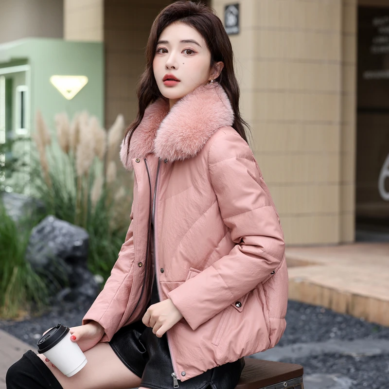 2024海宁皮衣冬季新款狐狸毛领皮羽绒服女短款加厚保暖时尚HY-882
