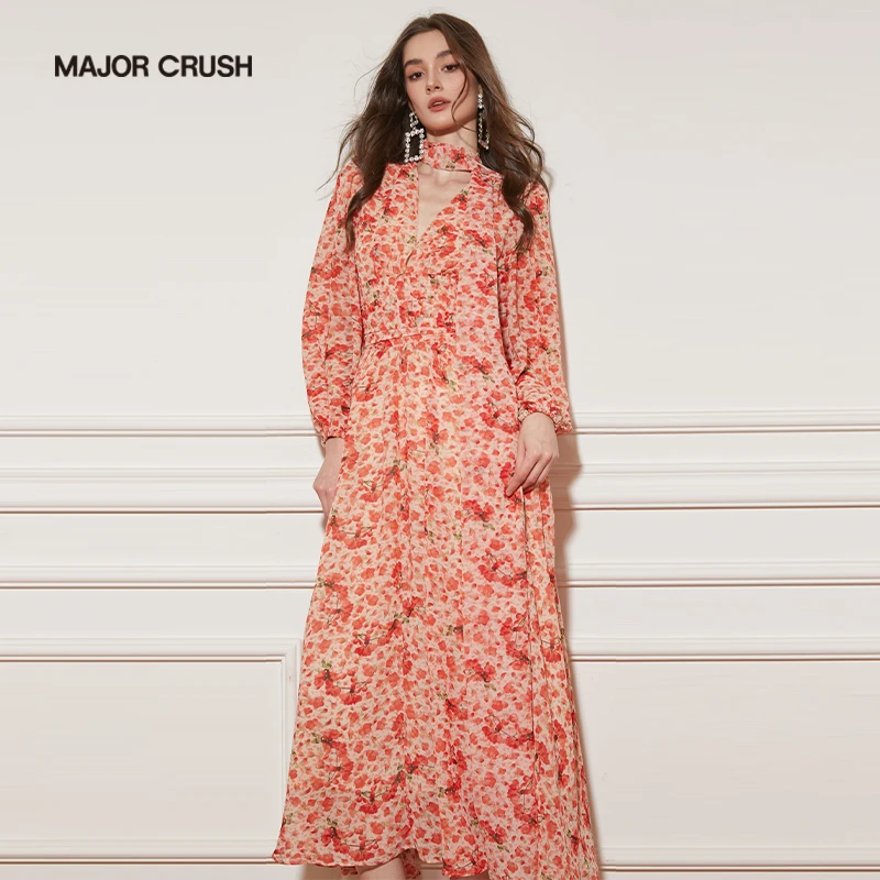 MAJOR CRUSH新款复古粉花优雅V领设计碎花收腰名媛连衣裙2816