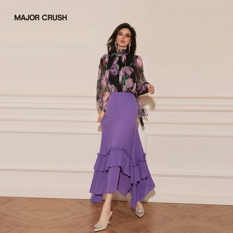 MAJOR CRUSH春季新款紫花套裙灵动优雅气质长袖大摆荷叶边58049