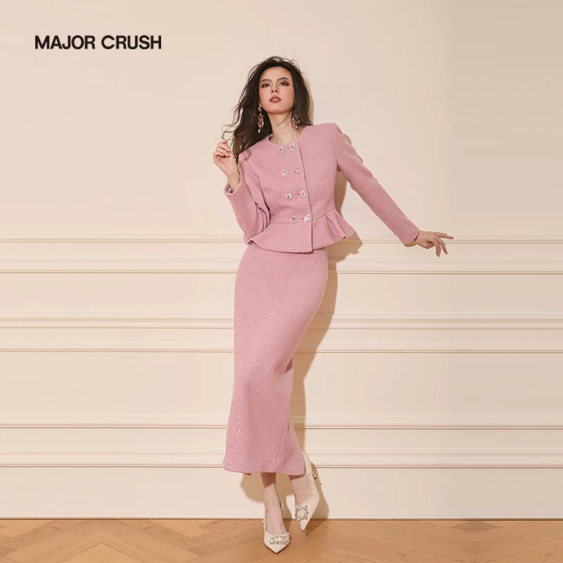 MAJOR CRUSH新款春夏粉色假日套裙气质法式小香风外套半裙66829