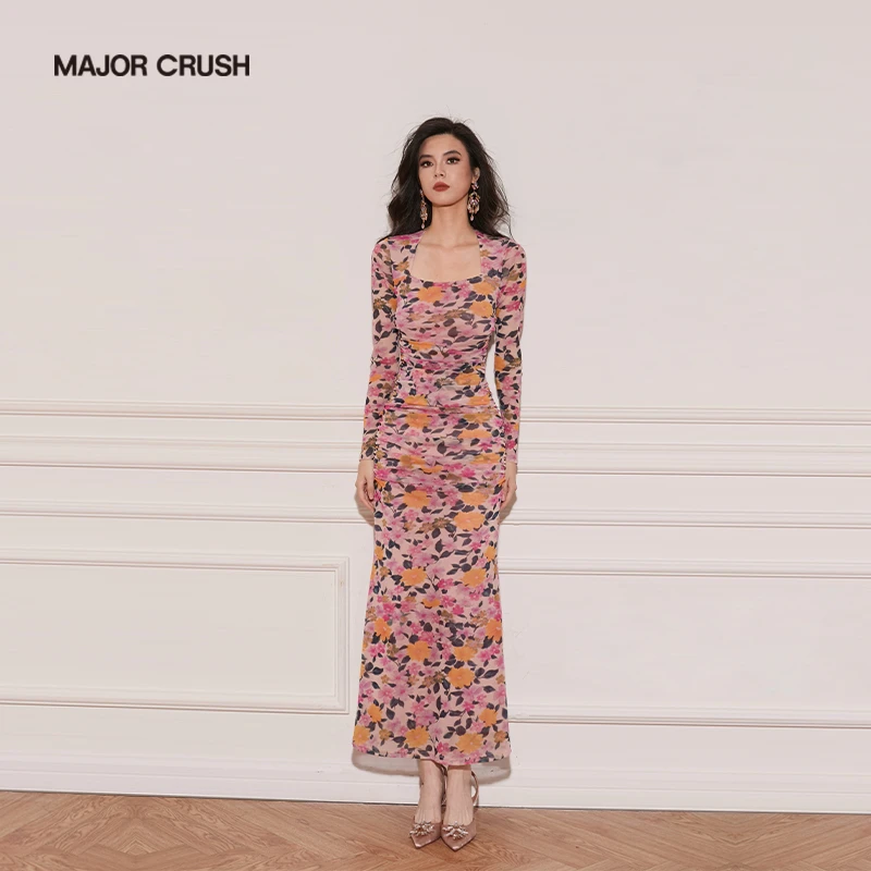 MAJOR CRUSH浪漫莫奈花园包臀连衣裙优雅气质印花6370