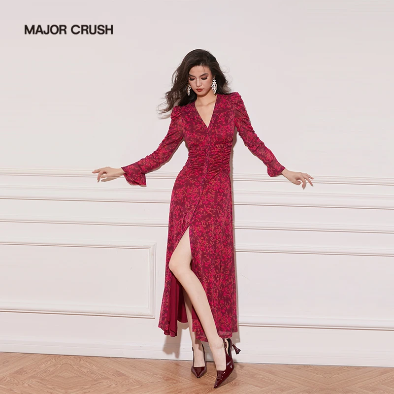 MAJOR CRUSH法式新款浪漫杏花梨云连衣裙气质斜裁修身显瘦6417