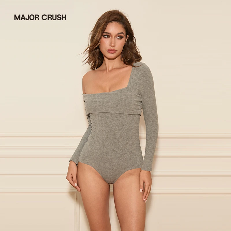 MAJOR CRUSH欧若智性风春夏单肩连体灰色上衣女设计纯色上衣4184